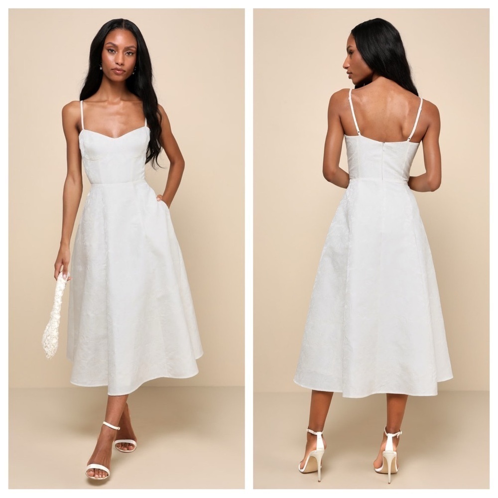 Lulus Meet for Tea White Jacquard Bustier Midi Dress With Pockets